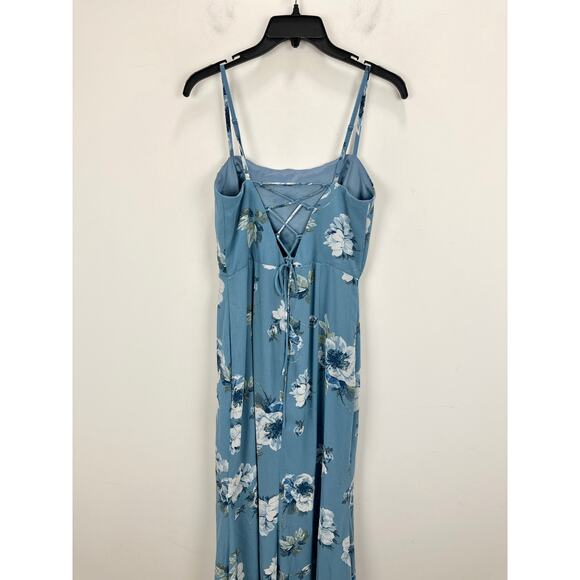 NEW Lulus Feeling Elegant Slate Blue Floral Print Lace Up Slit Maxi Dress Medium - Picture 11 of 12